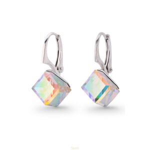 Strieborné náušnice kocky swarovski elements 6 mm dúhové CRYSTAL AB