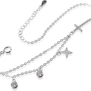Strieborný náramok so zirkónmi, hviezdami a zirkónovým krížikom SB145, AG 925/1000